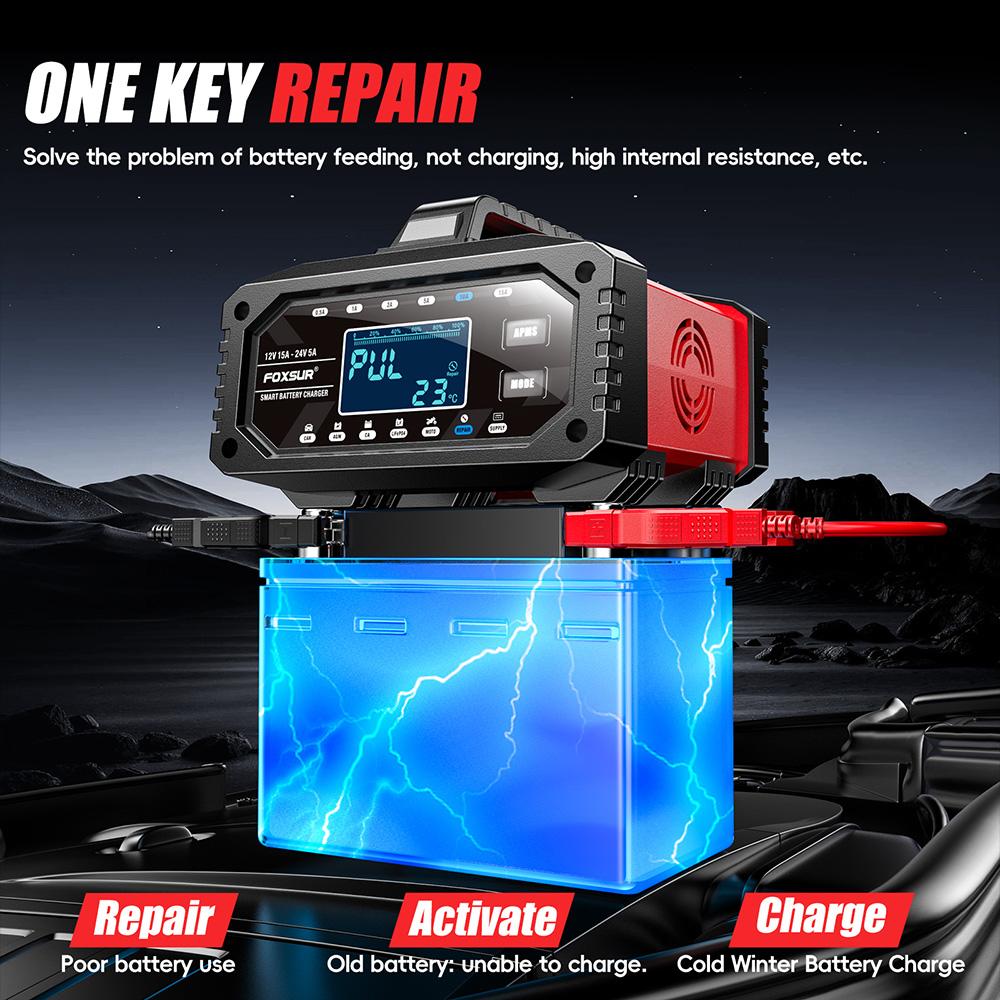 12/24V 15A Smart Battery Charger 10- Stage Charger Protect for LiFePo4 Wet Deep-Cycle Battery Usage