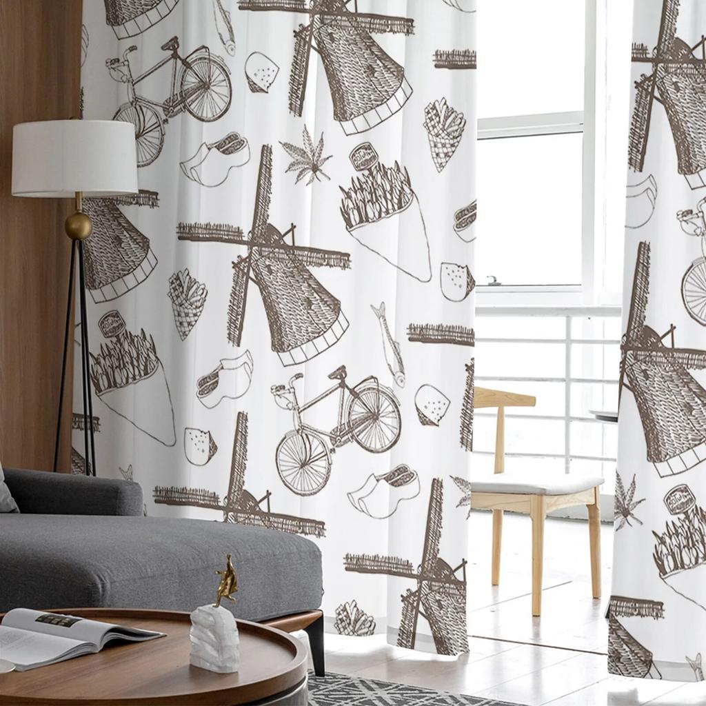 Brown Windmill Flower Cluster Bicycle Bedroom Transparent Sheer Curtains Holiday Decoration Window Voile Tulle Curtain