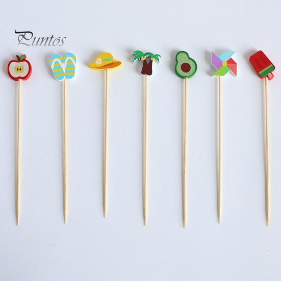 Natural Bamboo Skewers 100PCS Disposable Cocktails Picks, Stick, with Beach Fruits Eco-friendly Food Tags Palm Trees Decoration, Fruit Picks