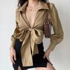 European and American Style Sexy Cross V-neck Tied Lantern Sleeve Shirt Women's High Waisted Short Lapel Top