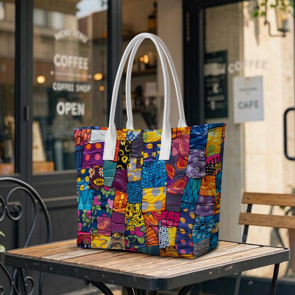 Colorful Patchwork Tote Bag for Daily Casual Shopping Lightweight Top Handle Carry Bag Trendy Portable Shoulder Handbag