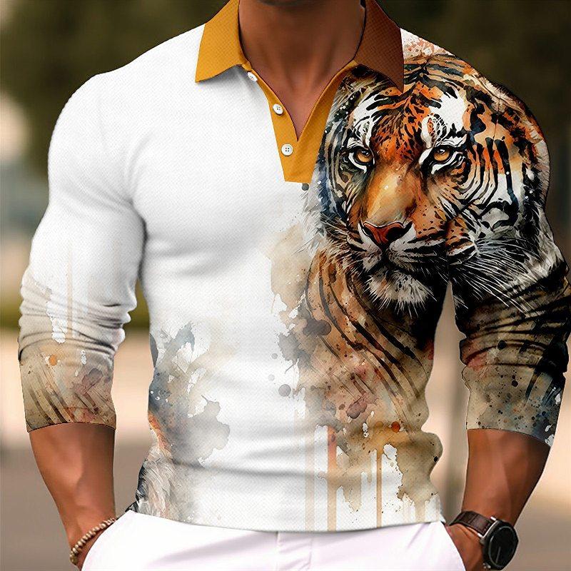 Men's Long Sleeve Polo Shirt with Tiger Print, Stylish Casual Top