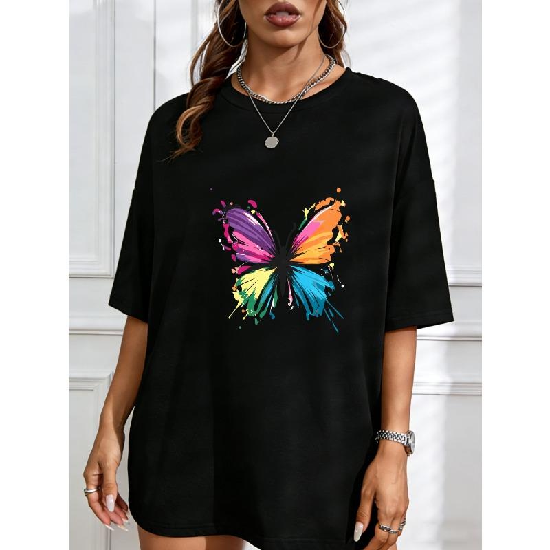 White T-Shirt With Colorful Butterfly Print For Casual Wear