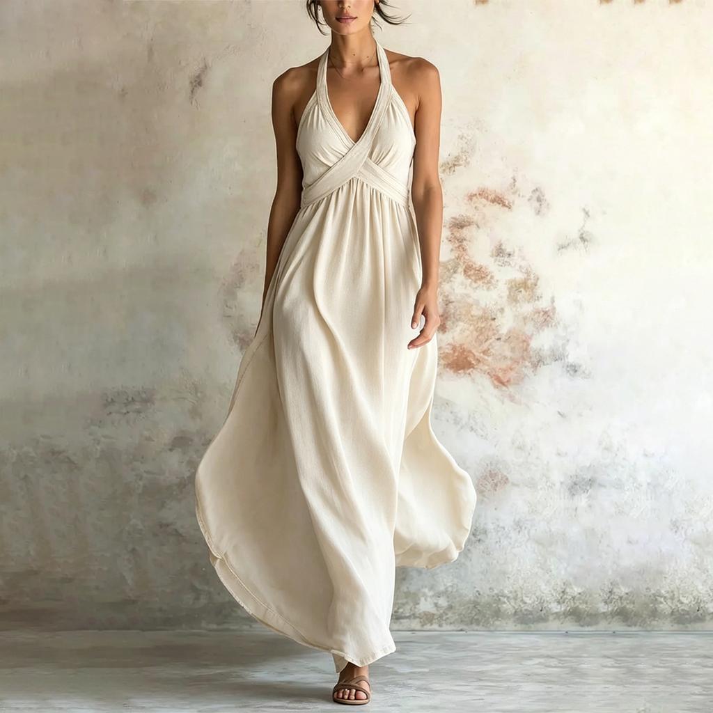 Women's Fashionable And Sexy  V Neck Hanging Neck Off Shoulder Sleeveless Casual Temperament Dress