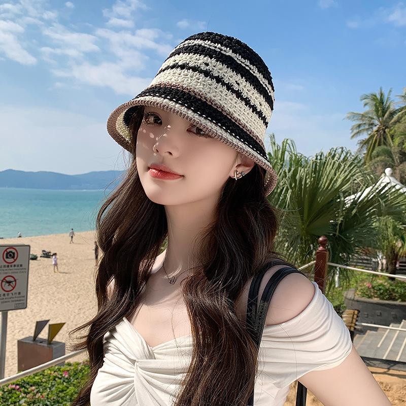 

Contrasting straw bucket hat women s summer versatile sunscreen sun hat breathable beach vacation wide brim bucket hat