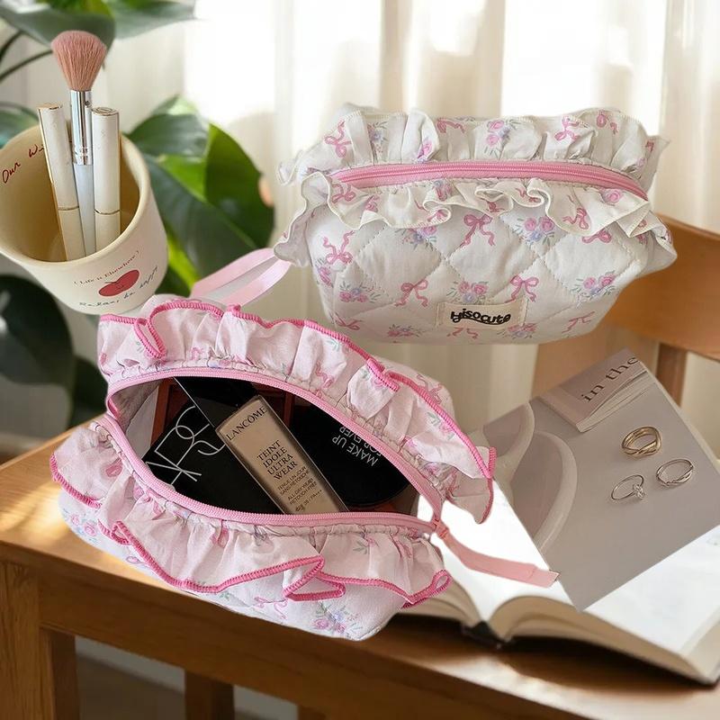 Chic Bow Flower Quilting Cotton Cosmetic Bag for Women, Zippered Makeup Organizer, Portable Cloth Toiletry Handbag for Girls