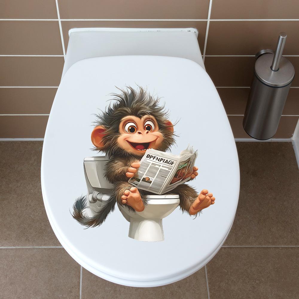 Funny Monkey Reading Newspaper On Toilet Seat Sticker Bathroom Decor Removable Self-Adhesive Decal