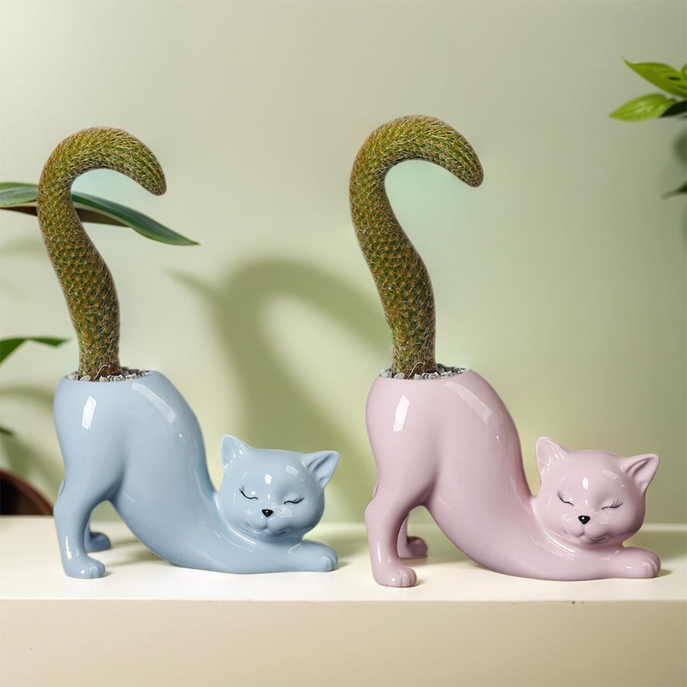 Ceramic Cat Shape Succulent Planter Cute Animal Plant Pot with Drainage Hole Garden Pots for Home Office Desk Windowsill Decor
