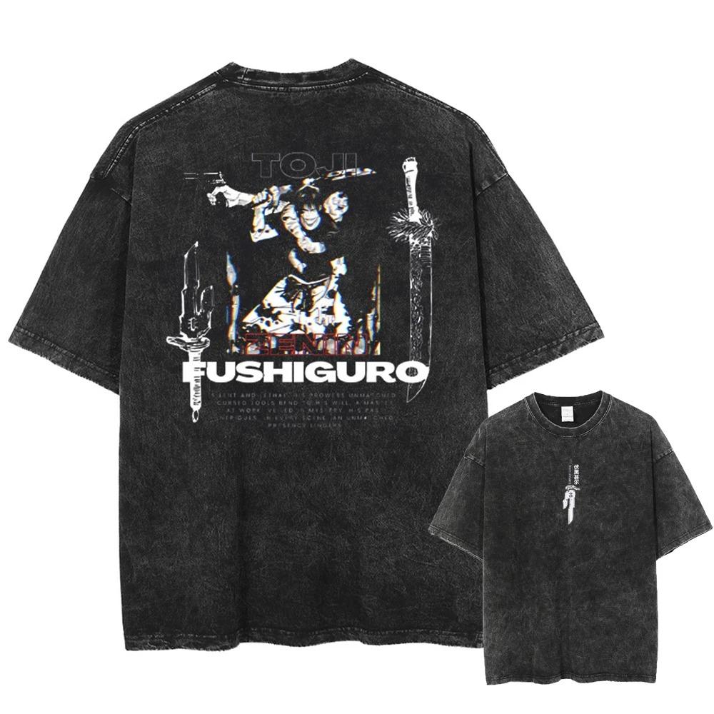 Fushiguro Toji Grafik T-Shirt Jujutsu Kaisen Vintage Gewaschen Übergroßes Y2K T-Shirt Lässiges Baumwoll Kurzarm Bequeme Damen Herren Kleidung