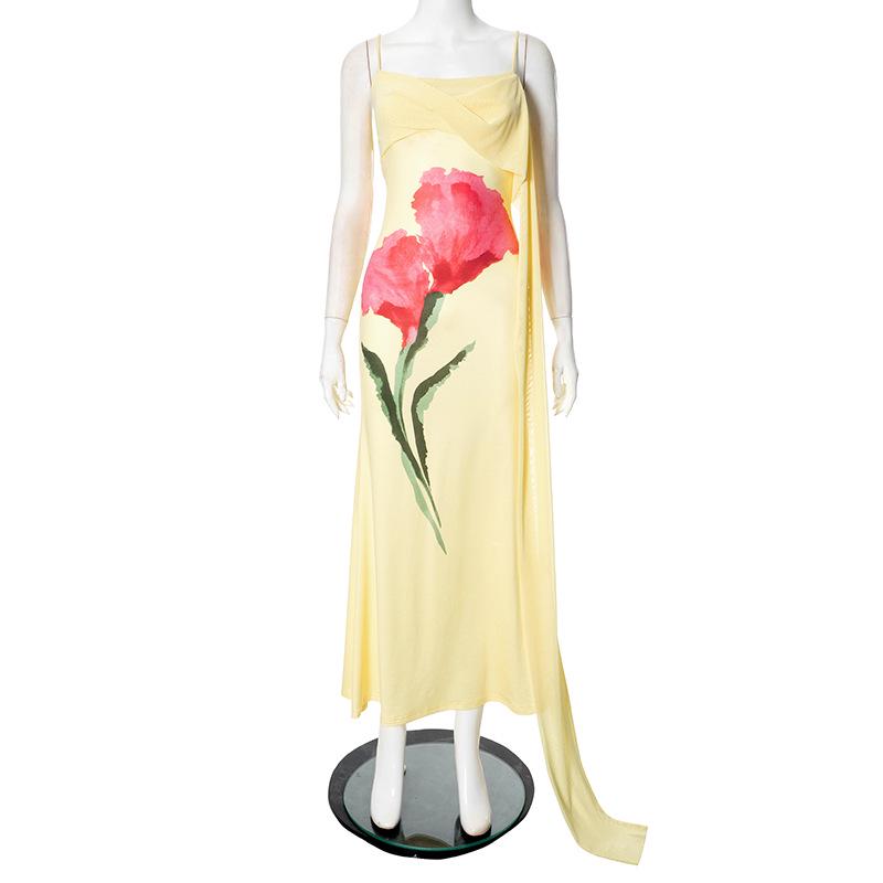 

European & American Sexy Halterneck High Waist A-Line Long Dress with Placement Print S