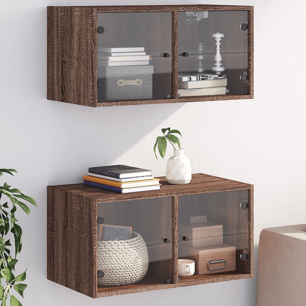 Wall Cabinets with Glass Doors Set of 2 Brown Oak Effect