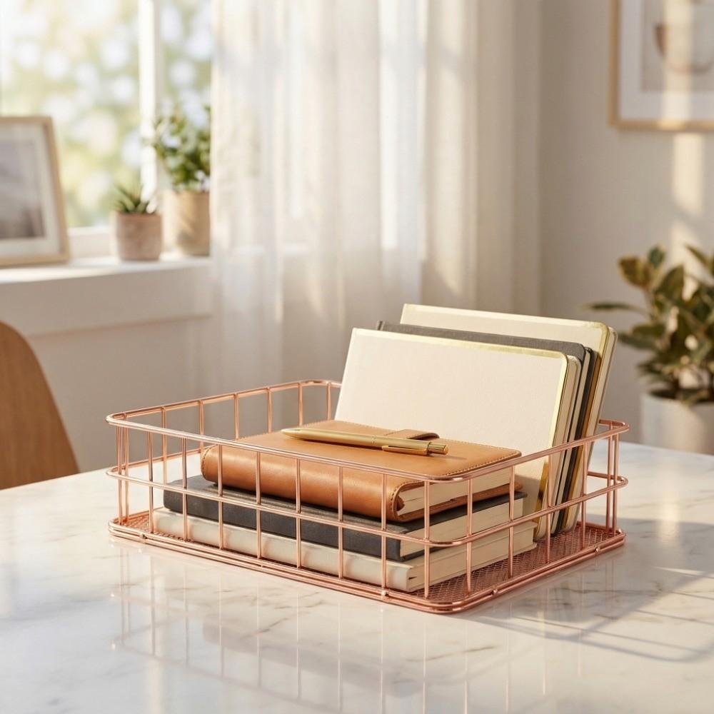 Iron Grid Wire Storage Basket 24.1× 16.2× 6.4cm Rose Gold Desktop Organization Basket Exquisite Decorative