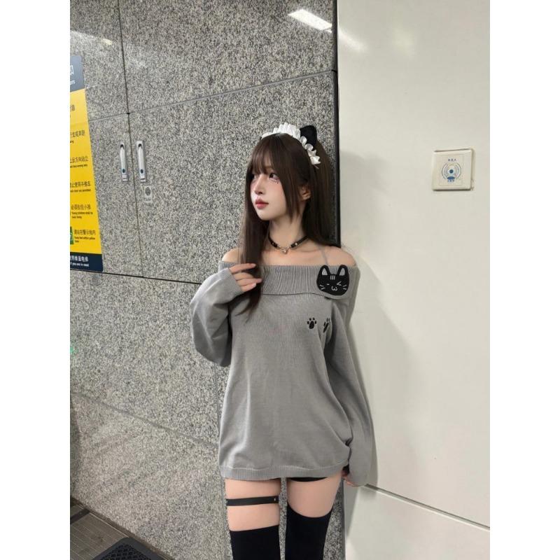 Dámské sexy pletené pulovry Ženy japonský styl Kawaii Sladká kočka výšivka Tenký svetr Měkký dívčí svetr Y2k