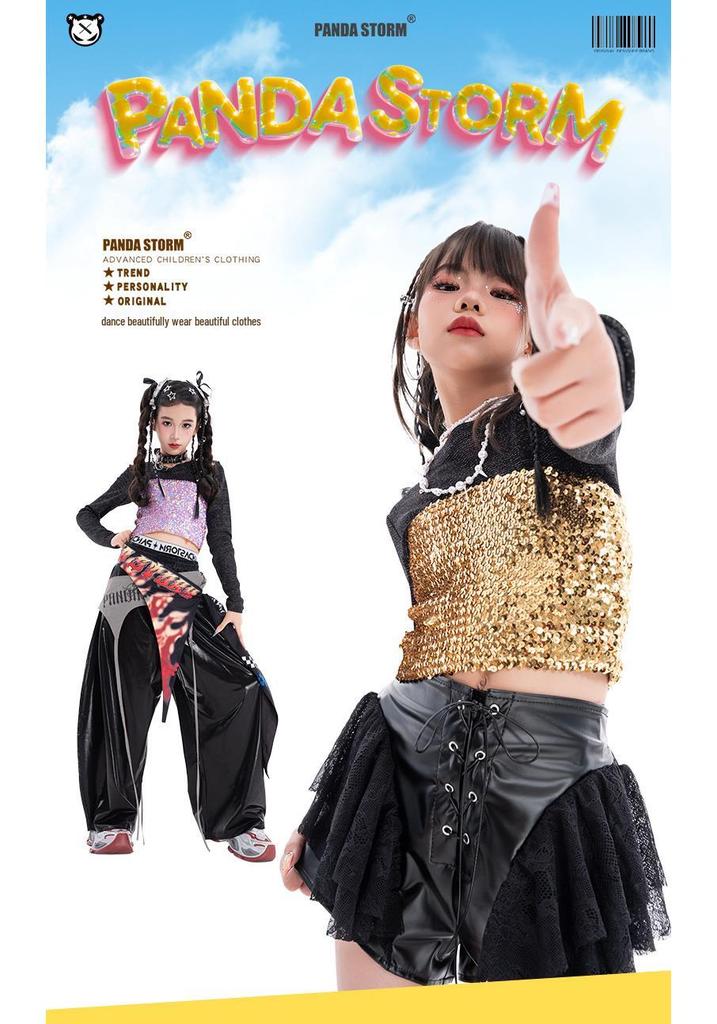 Mädchen Jazz Dance Pailletten Trägerloses Kostüm Set mit Langen Ärmeln und Hose