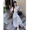French lace-up bubble sleeve polka dot dress women's summer new ruffle edge waist thin chic temperament long dress