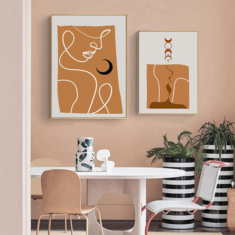 

Abstract Line Woman Poster Morandi Orange Kiss Print Modern Canvas Painting Wall Art Pictures for Living Room Home Decoration