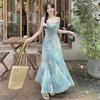 Long Waist Swing Collar Gradual Change Color Fishtail a Word Dress Women's Summer French Temperament Suspender Skirt