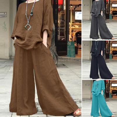 2 Pcs/Set Women Top Pants Set Round Neck Retro Long Sleeves Blouse Wide