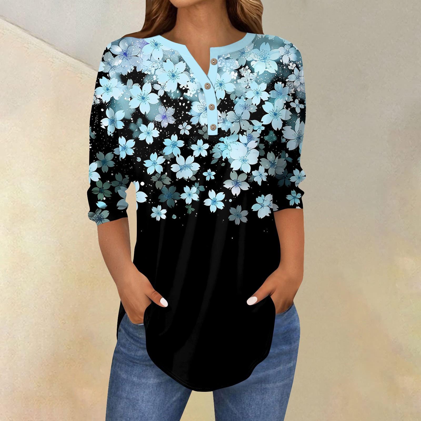 

Женские топы с рукавами 3/4, летние футболки с цветочным принтом и V-образным вырезом, повседневные базовые футболки с пуговицами, туники XXXL