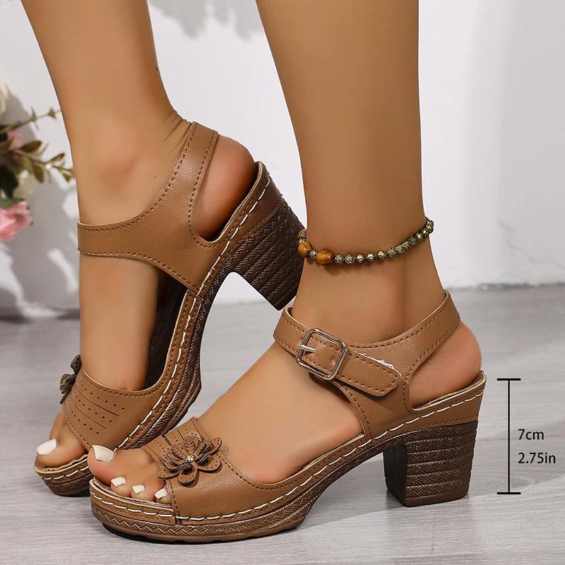 Fashion Women's Sandals Vintage Flower Thick Heel Sandals for Women Ankle Buckle Platform Sandles Woman Plus Size Summer Sandalias Mujer