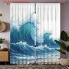 2D Flat   2pcs   2D Flat Printed Curtains with Ocean Wave Pattern   Blue and White Color   Beach Style   Rod Pocket   Velvet Fabric