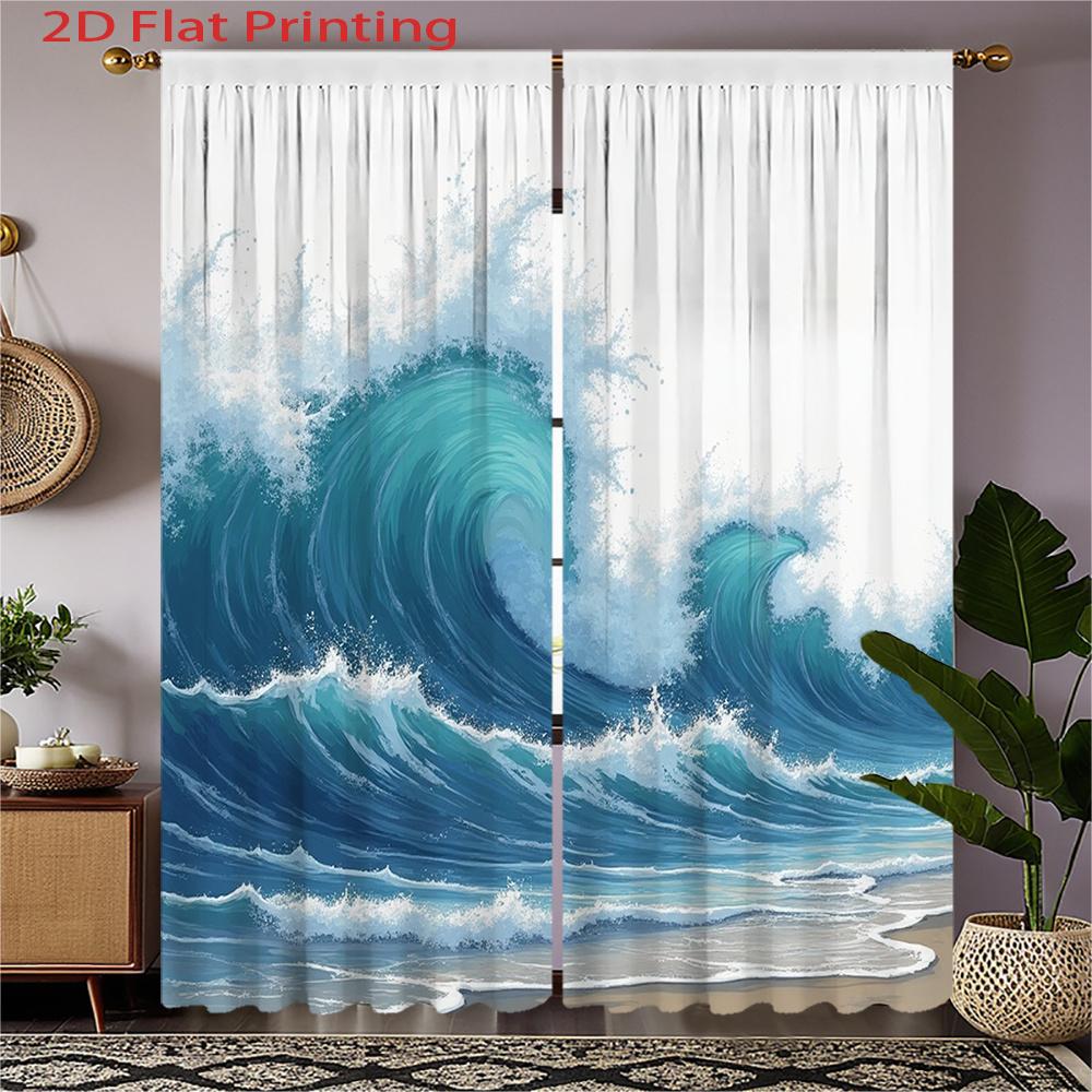 

Set Of 2 Flat Printed Curtains Ocean Wave Pattern Blue White Color Beach Style Polyester Fabric Curtain Made With Rod Pocket W100*H70(CM)-Grommet top&2PCS