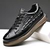 European Men's White Lace-up Shoes: Embossed Cowhide Crocodile Pattern, Comfortable, Versatile Thick Sole, Trendy Casual Design.
