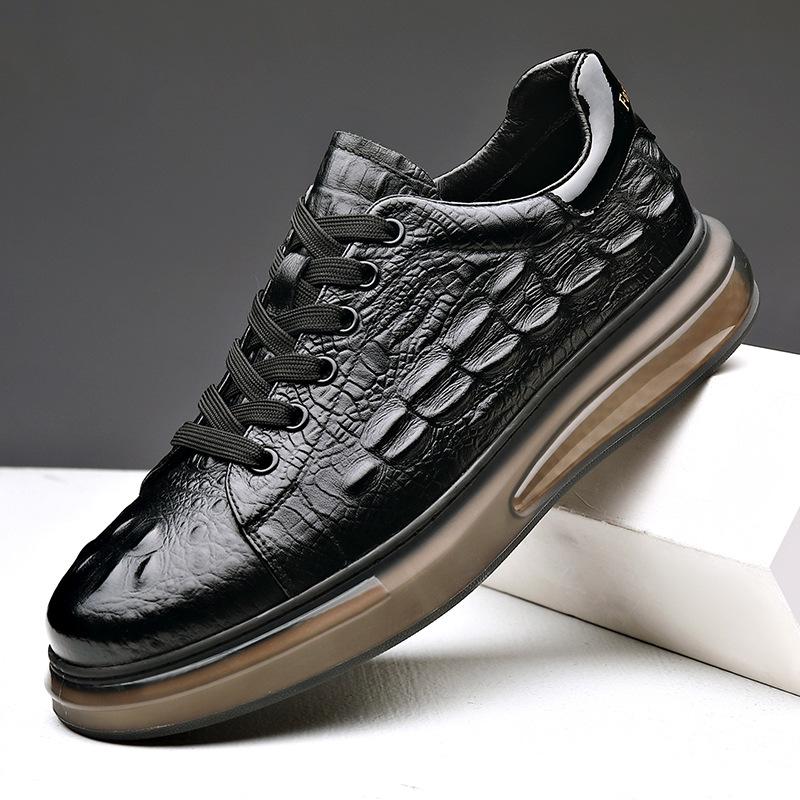 European Men's White Lace-up Shoes: Embossed Cowhide Crocodile Pattern, Comfortable, Versatile Thick Sole, Trendy Casual Design.
