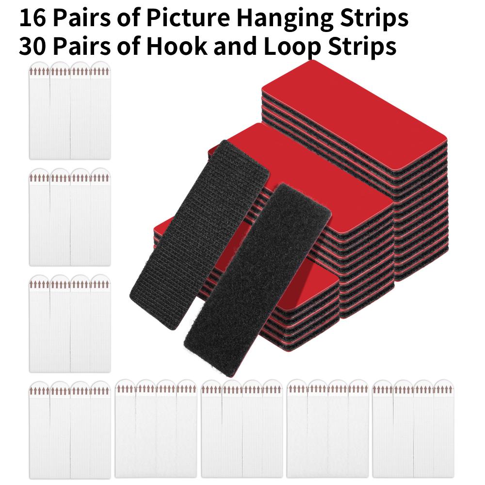 

46 Pairs Hook and Loop Strip Set with Sticky Back Picture Hanging Strip Double Sided Sticky Pad Damage Free Removal for Glass