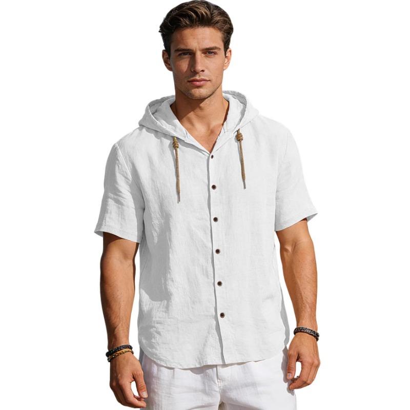 Mens Casual Linen Blend Hooded Short Sleeve Button Up Shirt S