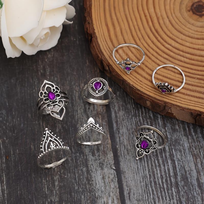 New Vintage Hollow Inlaid Purple Diamond Women s Ring Set