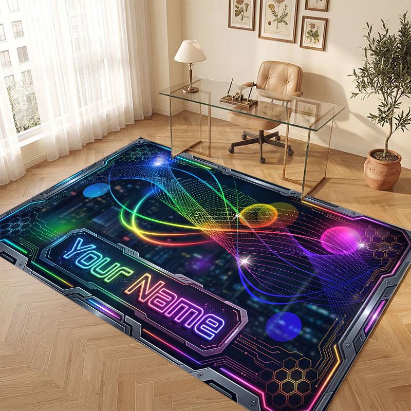 City Cyberpunk Theme Crystal Velvet Floor Rug Personalized Custom Name Text Warm Carpet Home Decoration