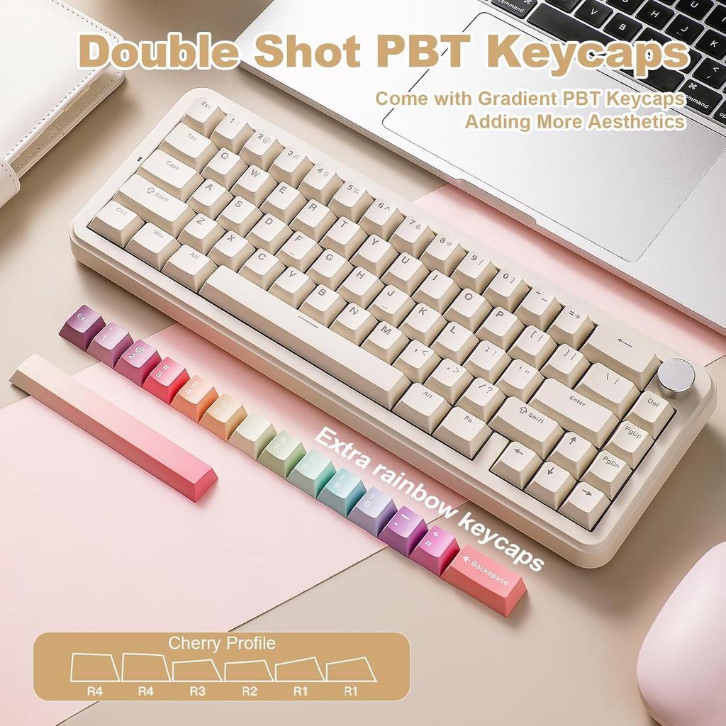 YUNZII B68 Wireless Mechanical Keyboard,Tri-Mode BT5.0/2.4GHz/USB-C,Cute PBT Keycaps,Hot Swappable Creamy Typing Gasket Mounted,RGB Backlit NKRO for