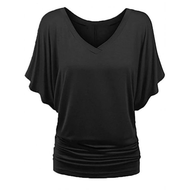 Plus Size Women Fashion Solid T Shirt Loose V Neck Batwing Sleeve Fold Hem