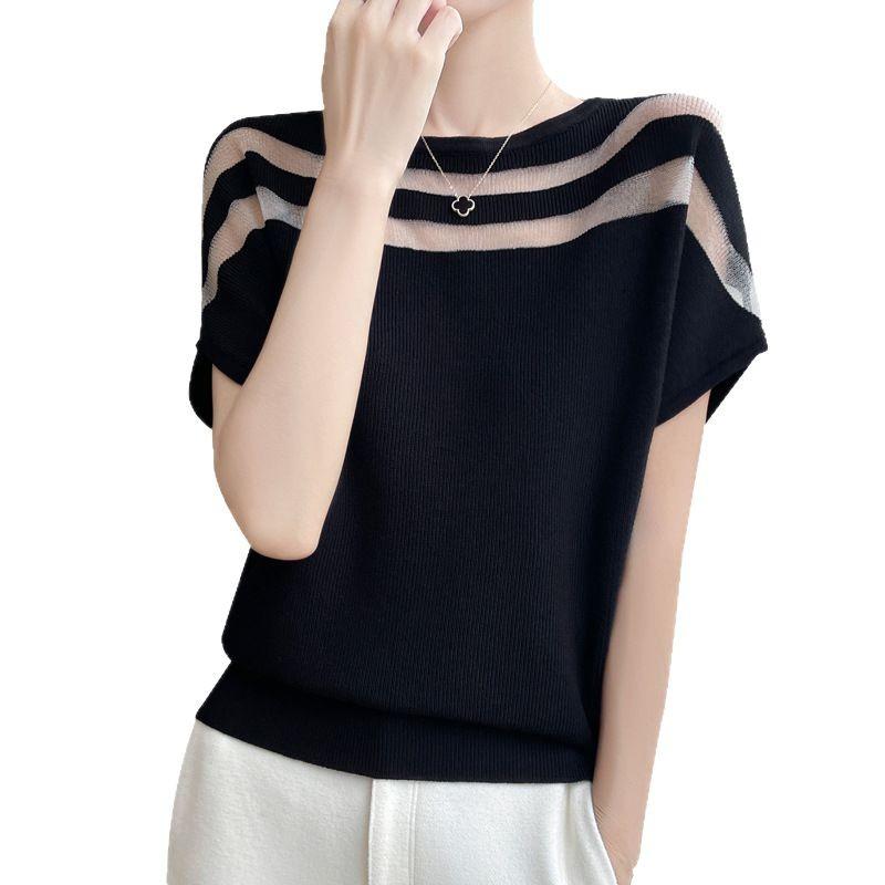 Summer New Splicing Crew Neck Knitted Sweater Short-sleeved T-shirt Women's Thin Top