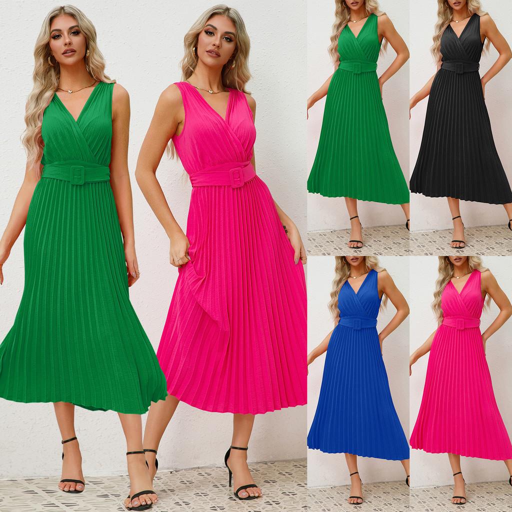 

Women Fashion Casual Elegant Office Party Sleeveless Pleat V Neck Midi Long Dress
