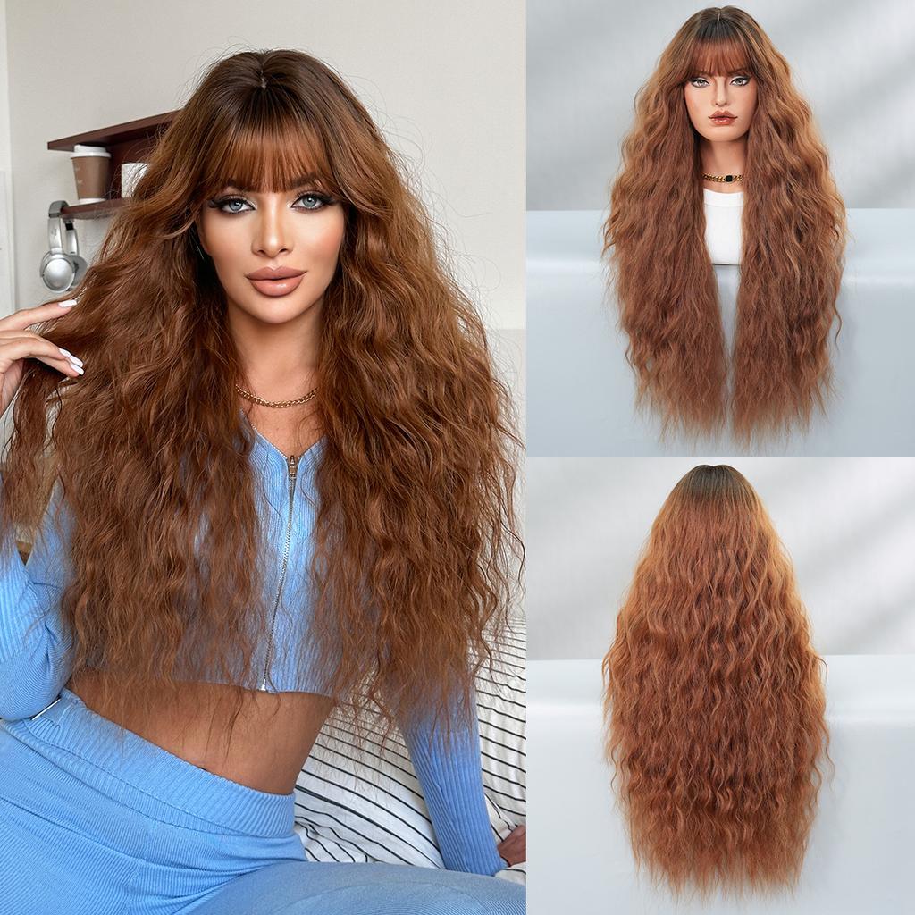Women’s Natural Black Tea Brown Long Curly Wig with Blunt Bangs Full Wig for Daily Wear
