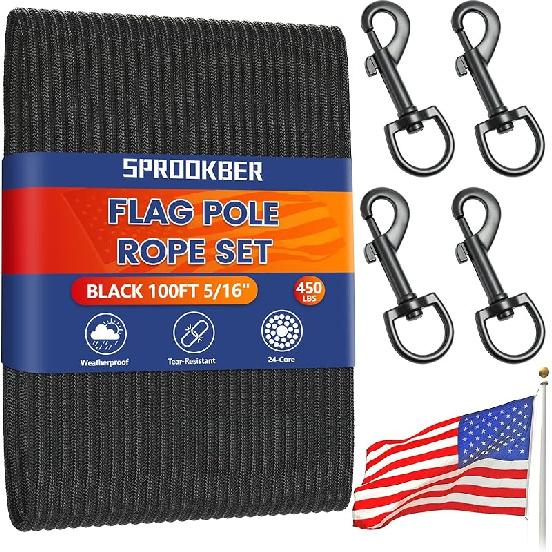 50Ft Flagpole Rope Kit, 5/16  Nylon Halyard with 4 Zinc Alloy Swivel Snap Hook, Heavy Duty and Weather Resistant Replacement FlagPole Accessories for 50FT чёрный