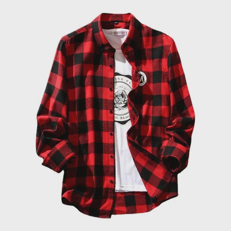 Pánská černobílá kostkovaná košile - Korejský styl, Trendy, Ležérní s dlouhým rukávem na jaro/podzim