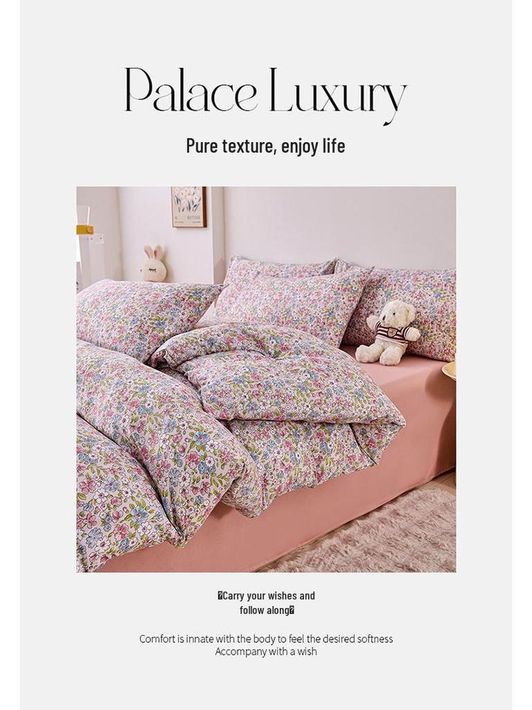 Elegant High-Weight Knit Cotton Floral Four-Piece Bedding Set – Skin-Friendly, Available In Single/Double Sizes.