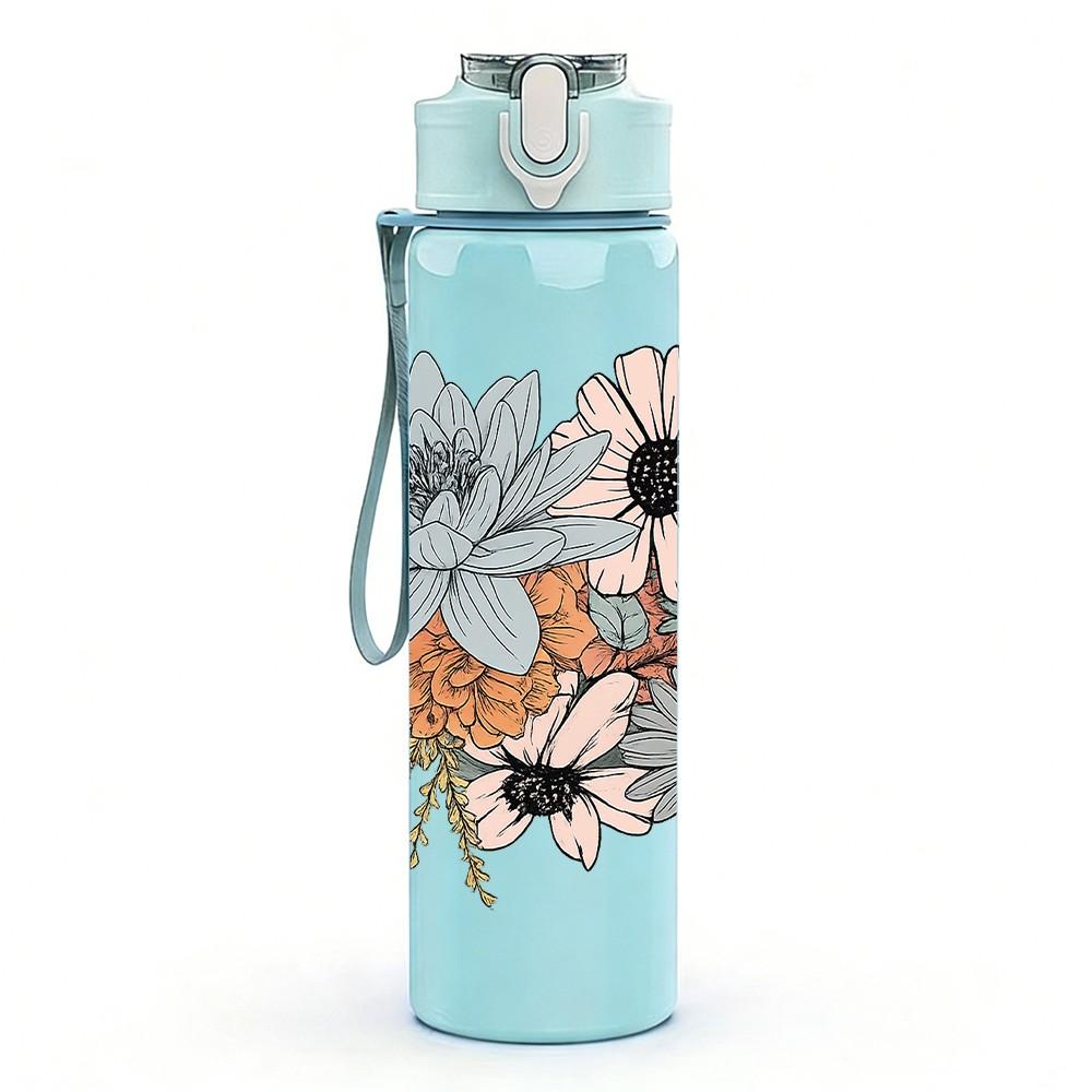 1PC Mixed Tone Daisy Floral Bouquet Print 750ml Color Plastic Sports Water Bottle Leakproof Flip Straw Lid Suitable for Sports Office Home Use
