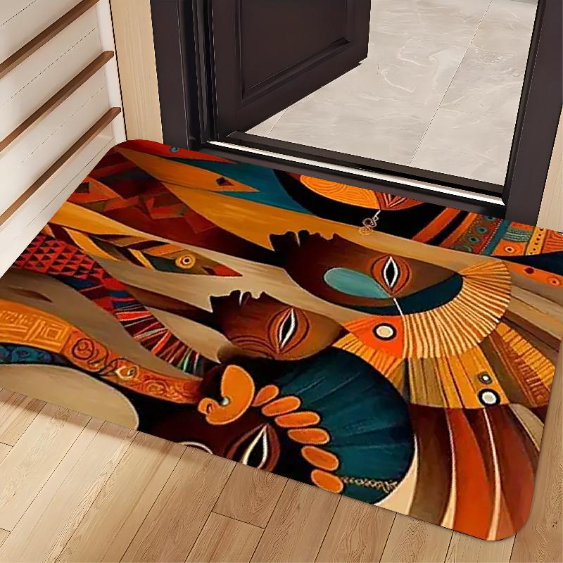 Large African Tribal Area Mat Non Slip Plush Bottom Backing Machine Washable Living Room Bedroom Office Bold Orange Blue Brown