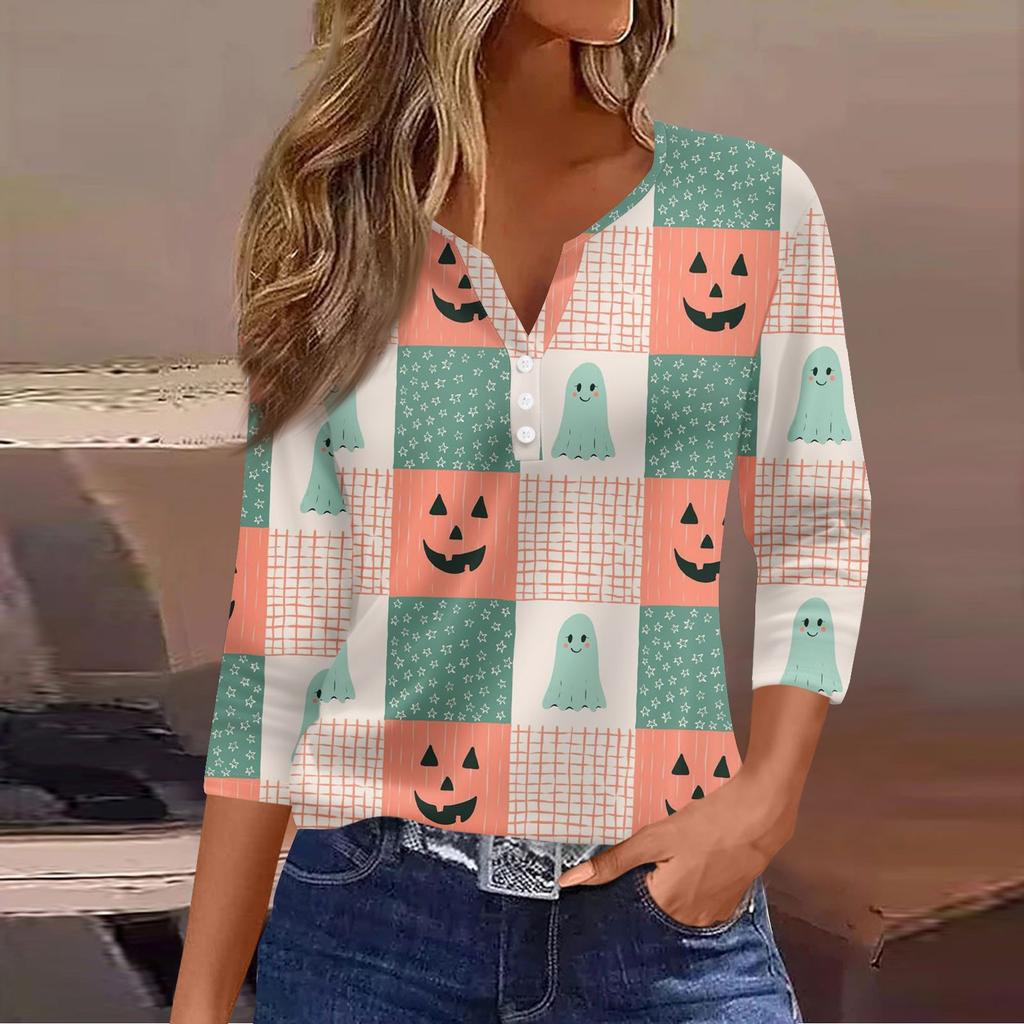 Women's Casual Fashion V-neck Loose Versatile Halloween Print Three-quarter Sleeve Top