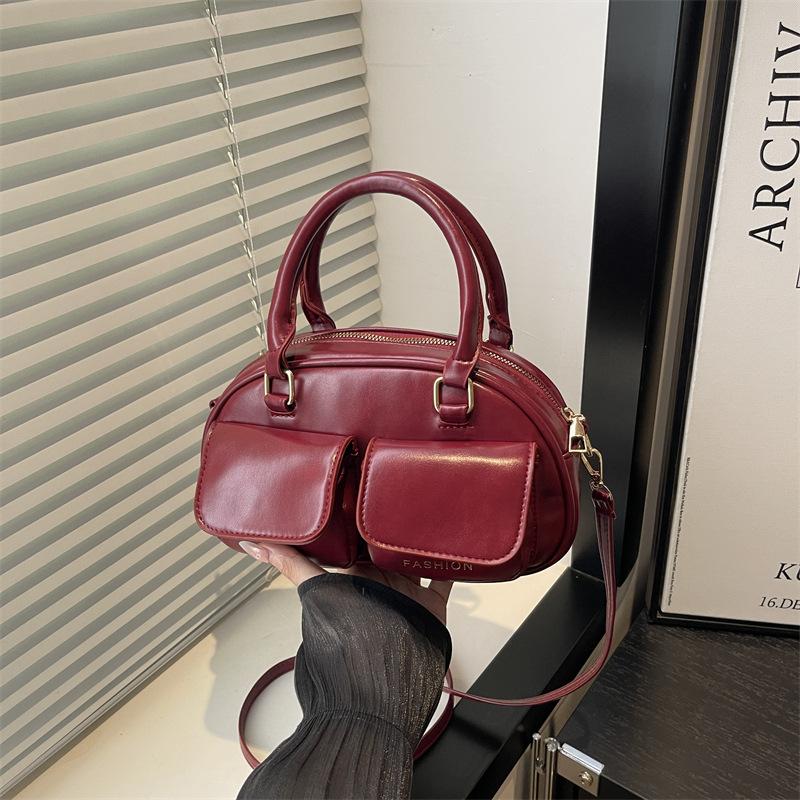 Autumn Retro Double Pocket Design Shoulder Bowling Bags for Women Solid Color Ladies Crossbody Bag Simple Female Pu Handbags