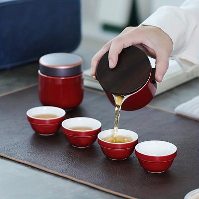 1 Set Travel Tea Set Porcelain Tea Set Kungfu Tea Sets With 1 Tea Pot (with Strainer) 4 Tea Cups Tea Canister Storage Bag All In One Gift For Picnic O