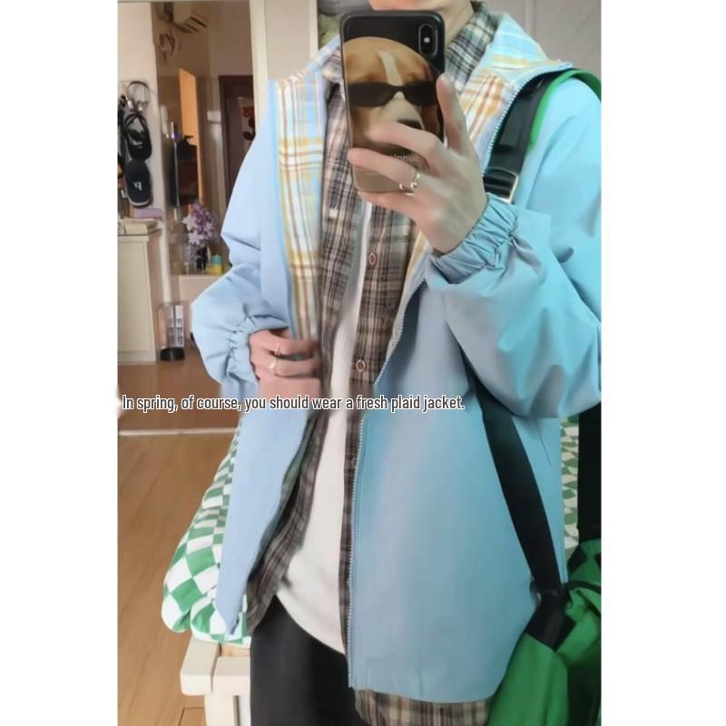 

Men s Retro Grid Splice Jacket - Spring/Autumn, American Lapel, No Hood, Couple Style 2XL135-160 синій