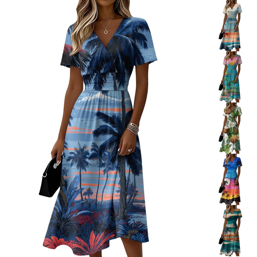 Women's V Neck Short Sleeve Casual Dress Hawaiian Print Midi Dress with Waistband Summer Beach Dress