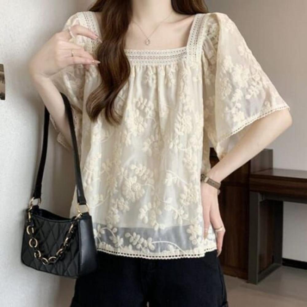 Navava Women Lovely Lace Square Neck Short Sleeve Blouse Nb2693