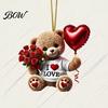 Small Romantic Keepsake Teddy Bear Hanging Ornament, Holding Heart Balloon Red Rose Bouquet Decoration, Car Rearview Mirror Accessory 2D Flat