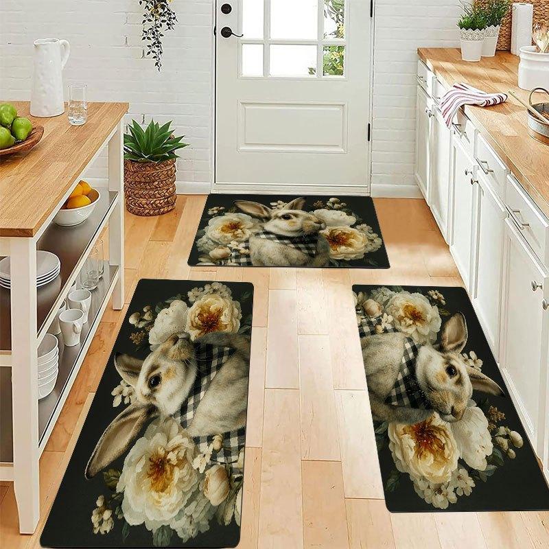 1Pcs Rabbit Floral Print Waterproof Non-Slip Thick Cushioned Kitchen Mat Heavy Duty Comfort Standing Mat for Kitchen Bathroom